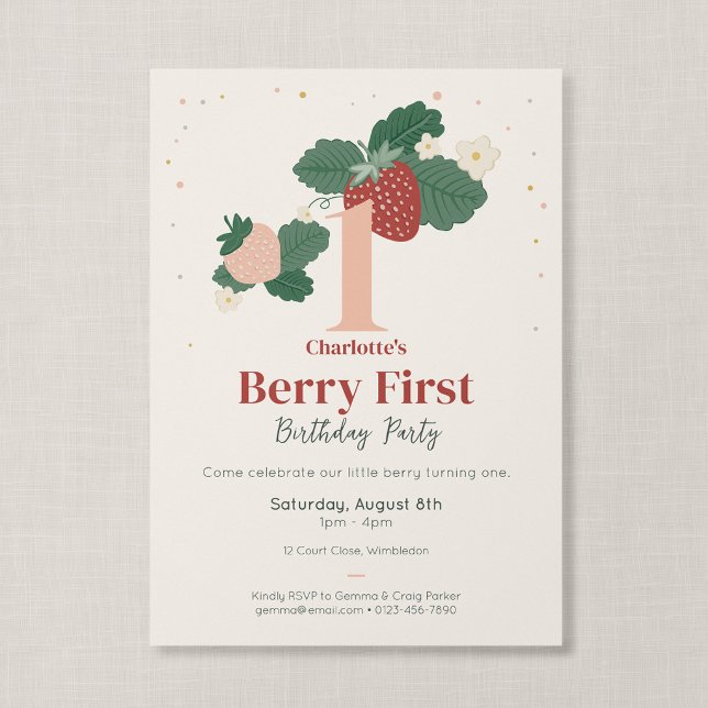 Convite Aniversário de Morango Berry Primeira Joia de Jard (Strawberry Garden - Berry First Birthday Invitation)