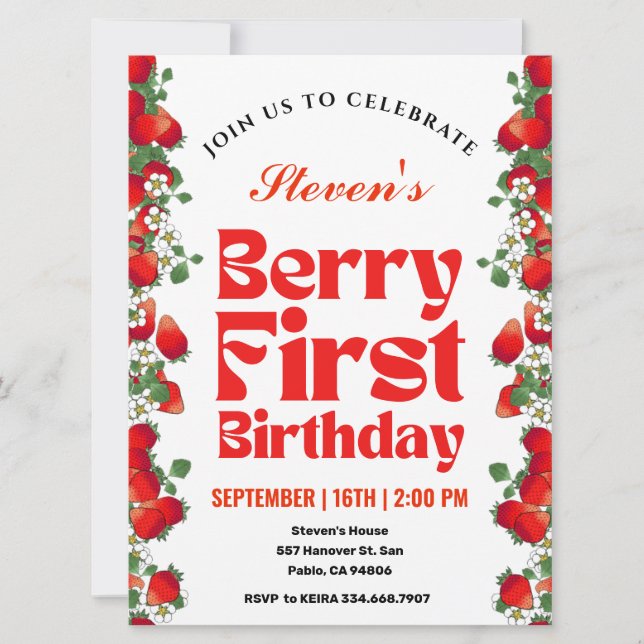 Convite Aniversário de Morango Berry Um Ano (Frente)