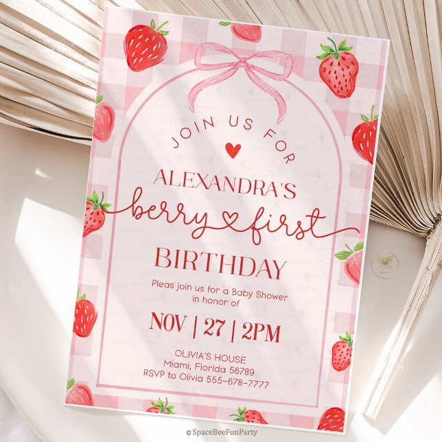 Convite Aniversário de Morango do Primeiro Aniversário da  (berry first birthday, strawberry birthday, first birthday girl, berry themed party, strawberry first)