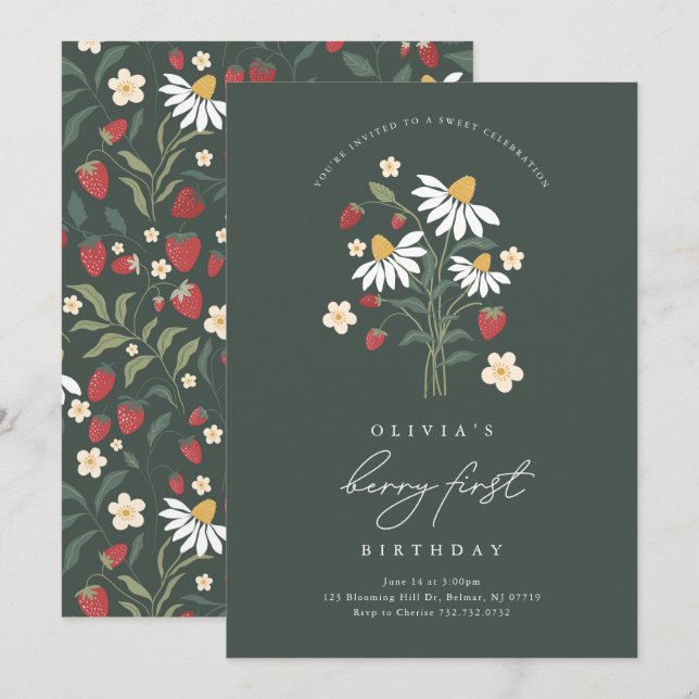 Convite Aniversário de Morango do Primeiro Ano da Berry (Frente/Verso)
