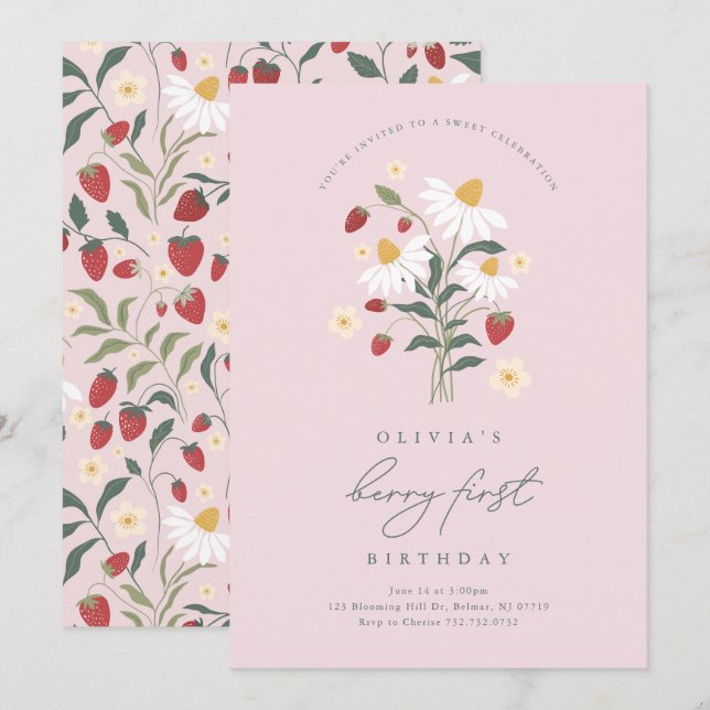 Convite Aniversário de Morango do Primeiro Ano da Berry (Frente/Verso)