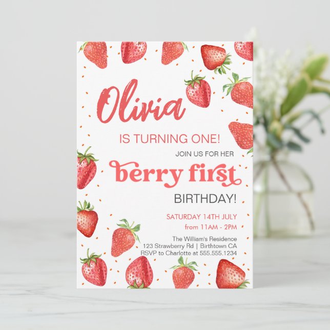 Convite Aniversário de Morango Primeiro Berry (Em pé/Frente)