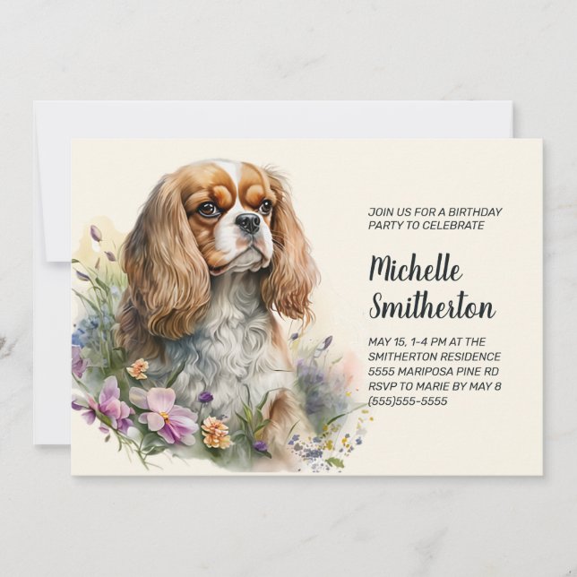 Convite Aniversário de Mulher Cavalier King Charles Spanie (Frente)