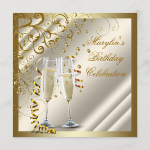 Convite Aniversário de mulher elegante marfim dourado