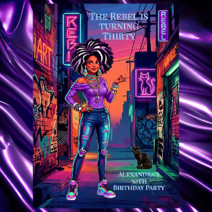 Convite Aniversário de Mulher Rebelde Grafite Neon Roxo Be