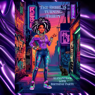 Convite Aniversário de Mulher Rebelde Grafite Neon Roxo Be