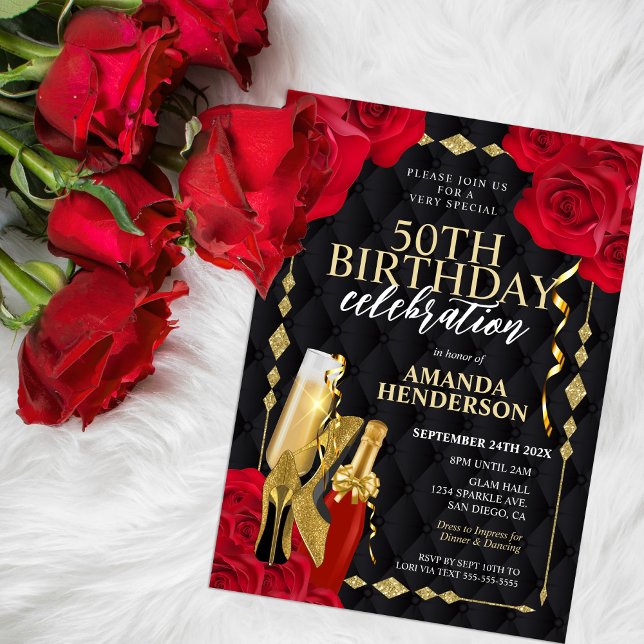 Convite Aniversário de Mulheres Vermelho e Dourado (Criador carregado)