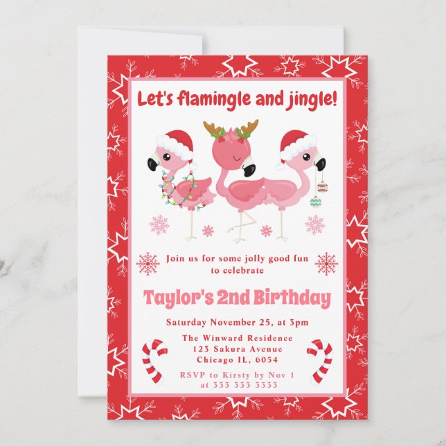 Convite Aniversário de Natal Flamingle e Jingle Flamingo (Frente)
