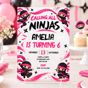Convite Aniversário de Ninja Menina Rosa e Preta