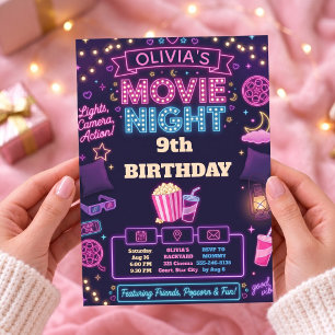 Convite Aniversário de Noite de Filme Neon