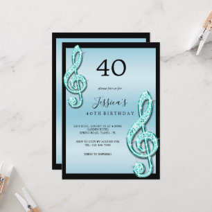 Convite Aniversário de Notas Musicais Azul Turquesa Glamur
