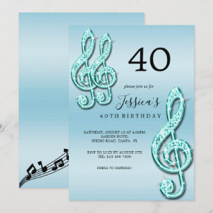 Convite Aniversário de Notas Musicais Azul Turquesa Glamur