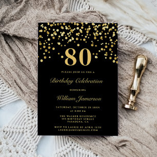 Convite Aniversário de Oitenta 80 Anos Elegante Preto e Do