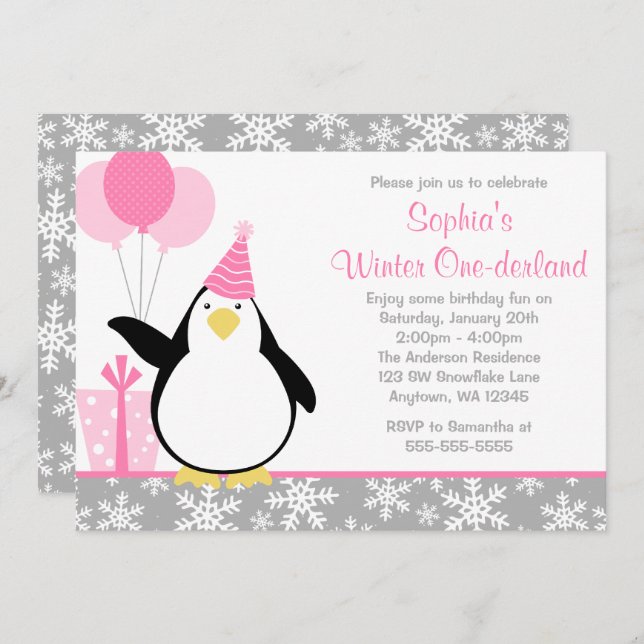 Convite Aniversário de Onederland do inverno dos flocos de (Frente/Verso)