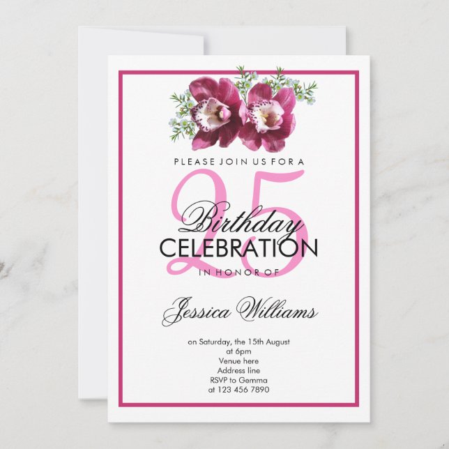 Convite Aniversário de Orquídeas Rosa Românticas e Sofisti (Frente)