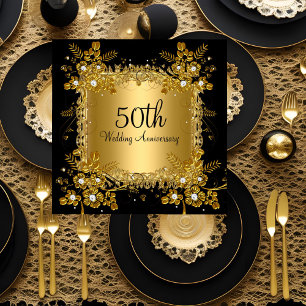 Convite Aniversário de Ouro com Diamante Preto Floral Swir