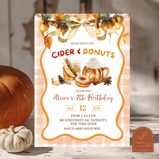 Convite Aniversário de Outono com Cider e Donuts de Xadrez (Criador carregado)