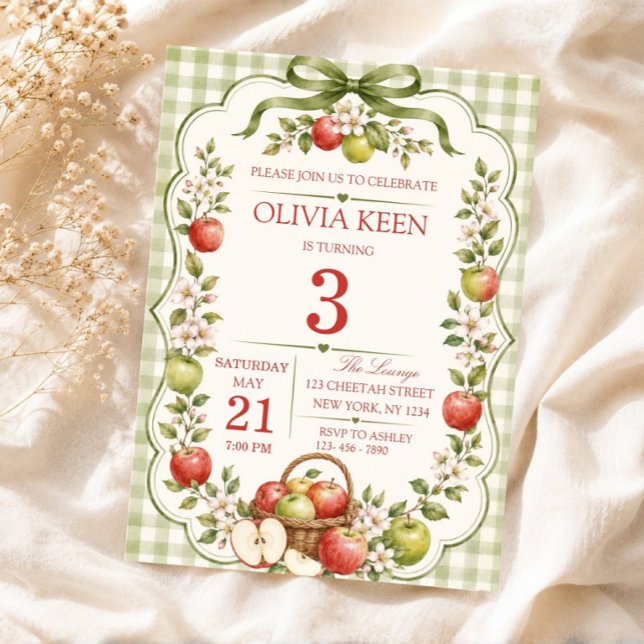 Convite Aniversário de Outono no Pomar de Maçãs com Xadrez (Apple Picking Party Invite, Apple Theme Birthday Invitation)
