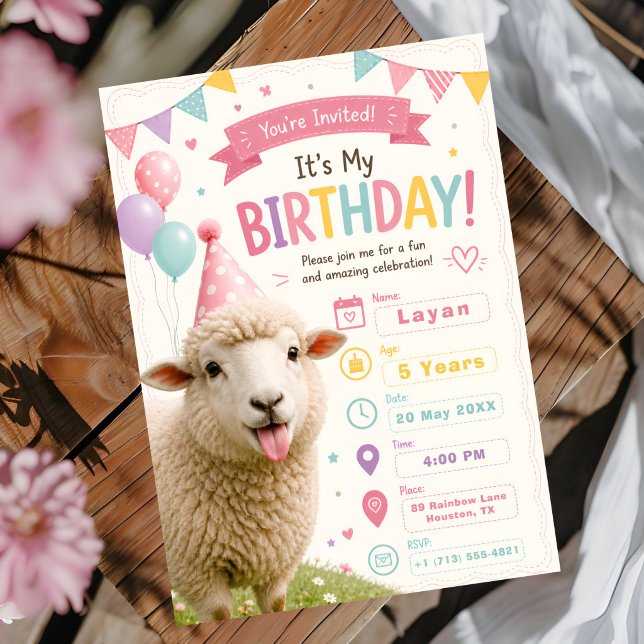 Convite Aniversário de Ovelha Pastel Fofa (Criador carregado)
