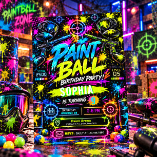 Convite Aniversário de Paintball Neon Colorido Salpico de