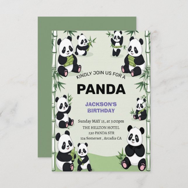 Convite aniversário de panda bonito e divertido (Frente/Verso)