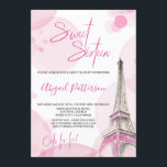 Convite Aniversário de Paris Branca Elegante 16 Rosa<br><div class="desc">Elegante Doce 16 Convites em cor-de-rosa e branco. A ilustração aquosa da Torre Eiffel de Paris tem destaques de rosa e ouro, enquadrados com uma punção brava de boque rosa. Doce Dezesseis, Ooh la! e o nome da aniversariante são manchados em rosa, enquanto os detalhes do seu convite são impressos...</div>