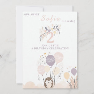 Convite Aniversário de Pastel Boho Hedgehog e Balões