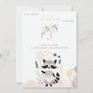 Convite Aniversário de Pastel Boho Raccoon e Balões