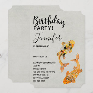 Convite Aniversário de Peixe Koi Na moda Dourado