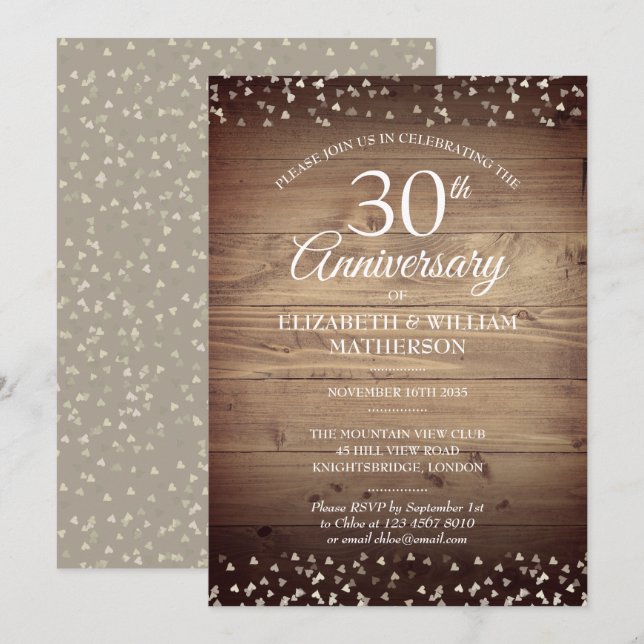 Convite Aniversário de Pérola de 30 anos Rustic Wood Confe (Frente/Verso)