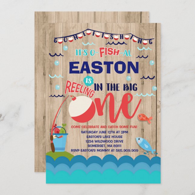 Convite Aniversário de Pesca O-Fish-Ally Um Partido (Frente/Verso)