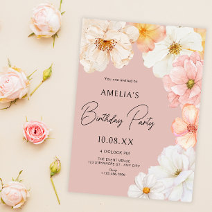 Convite Aniversário de pêssego floral