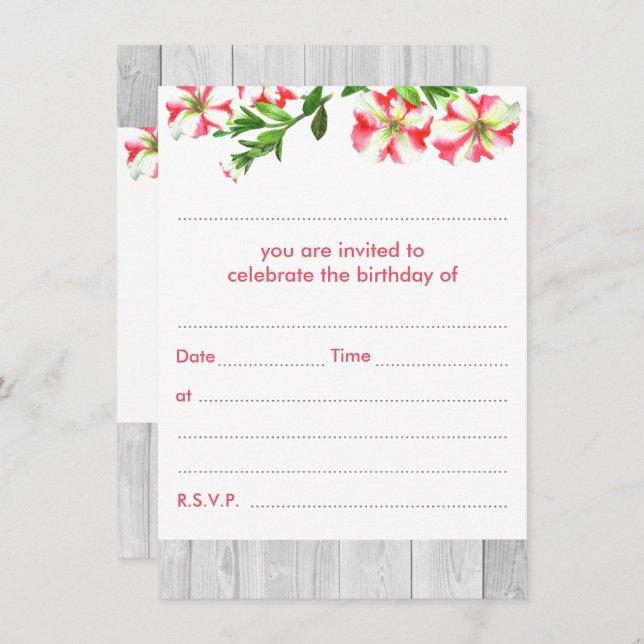 Convite Aniversário de Petunias, Reboque de Aquarelas Rást (Frente/Verso)