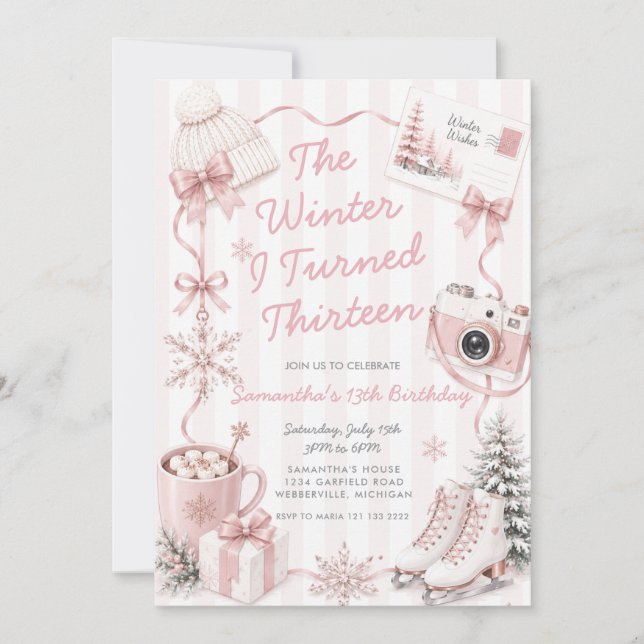 Convite Aniversário de Pink The Winter I Turned Thirteen  (Frente)