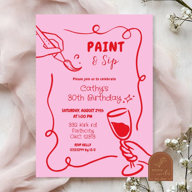 Convite Aniversário de Pintura e Bebida em Rosa e Vermelho (Criador carregado)