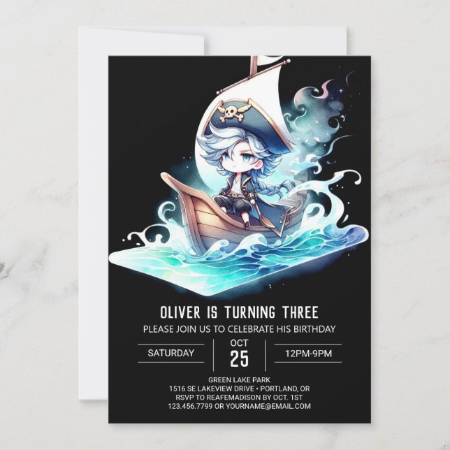 Convite Aniversário de Pirata Adorável com Aquarela (Frente)