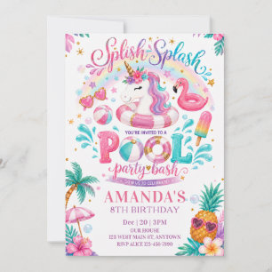 Convite Aniversário de Piscina com Unicórnio Pastel e Flam