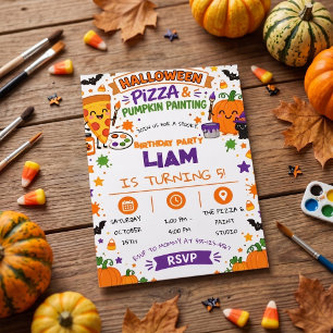 Convite Aniversário de Pizza de Halloween e Pintura de Abó