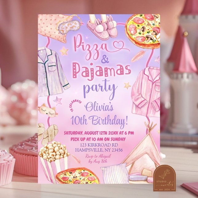 Convite Aniversário de Pizza e Pijamas Neon Rosa e Roxo (Criador carregado)