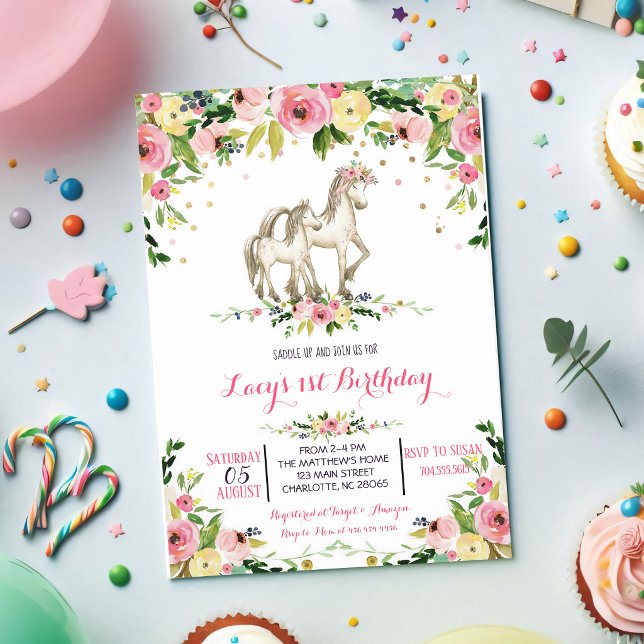 Convite Aniversário de Pônei Aquarela Rosa (Criador carregado)