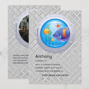 Convite Aniversário de Porthole Náutico com Foto Personali