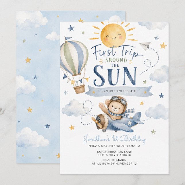 Convite Aniversário de Primeira Volta ao Sol de Avião (Frente/Verso)