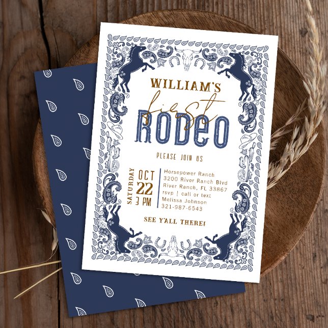 Convite Aniversário de Primeiro Rodeio Azul Marinho Ociden (Wild West Birthday Invite - Navy Blue)