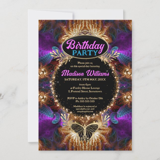 Convite Aniversário de Princesa Boêmia Rosa Roxo Caprichos (Frente)