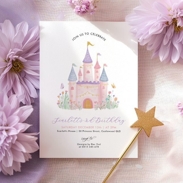 Convite Aniversário de Princesa Castelo Encantado Elegante (Princess Castle Girls Birthday Invitation | Pastel Enchanted Castle )