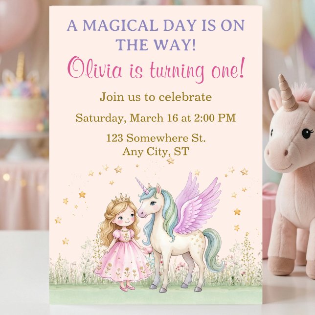 Convite Aniversário de Princesa e Unicórnio Mágico (Magical Unicorn and Princess Birthday Invitation)