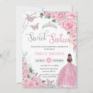 Convite Aniversário de Princesa Rosa Floral Marrom Claro S