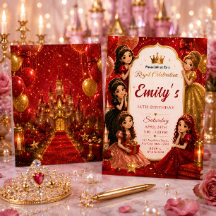 Convite Aniversário de Princesa Vermelho e Dourado Luxuoso