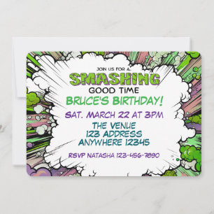 Convite Aniversário de Quadrinhos Verde Roxo Esmagador