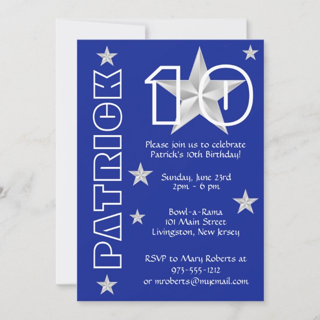 Convite Aniversário de Qualquer Idade Azul Real e Branco E (Frente)